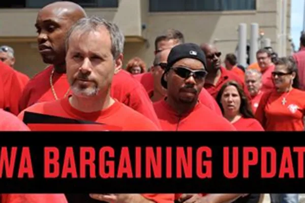 Background shot of CWA Members with the headline "CWA Bargaining Update"