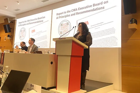 CWA Chief of Staff Sylvia J. Ramos speaking at UNI Global Union in Geneva, Switzerland