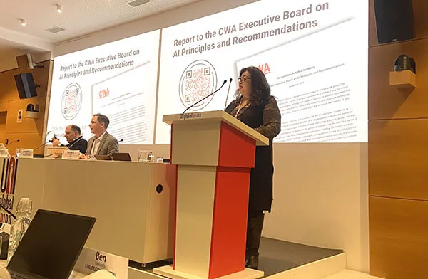 CWA Chief of Staff Sylvia J. Ramos speaking at UNI Global Union in Geneva, Switzerland